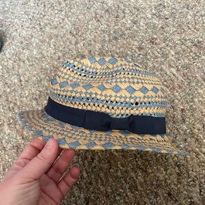 Tan and Blue Fedora Hat with Geometric Pattern
